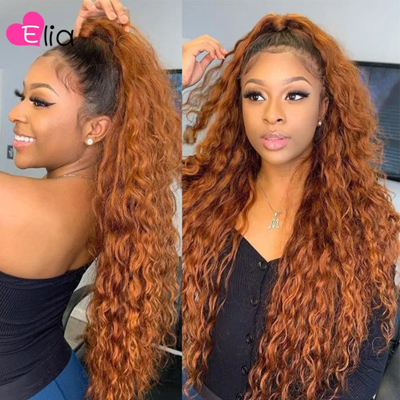 Beli Elia Orange 99J Keriting Keriting Rambut Manusia Wig 13X4 Renda Frontal Wig 4X4 100% Peru Rambut Panjang Rambut UNTUK WANITA HITAM 2021New