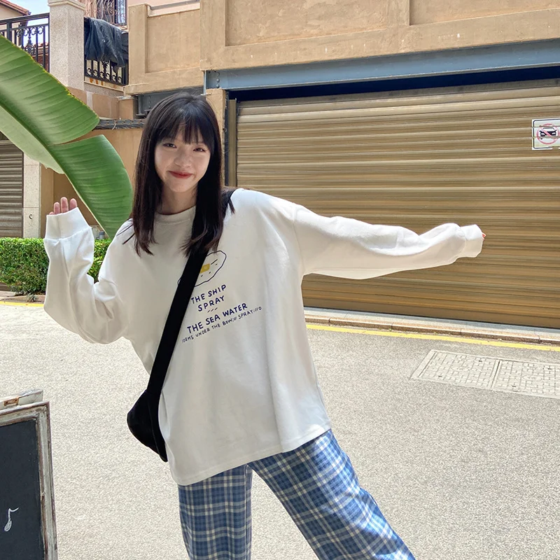 Женская футболка с принтом спереди и сзади свободный ленивый Топ длинным рукавом