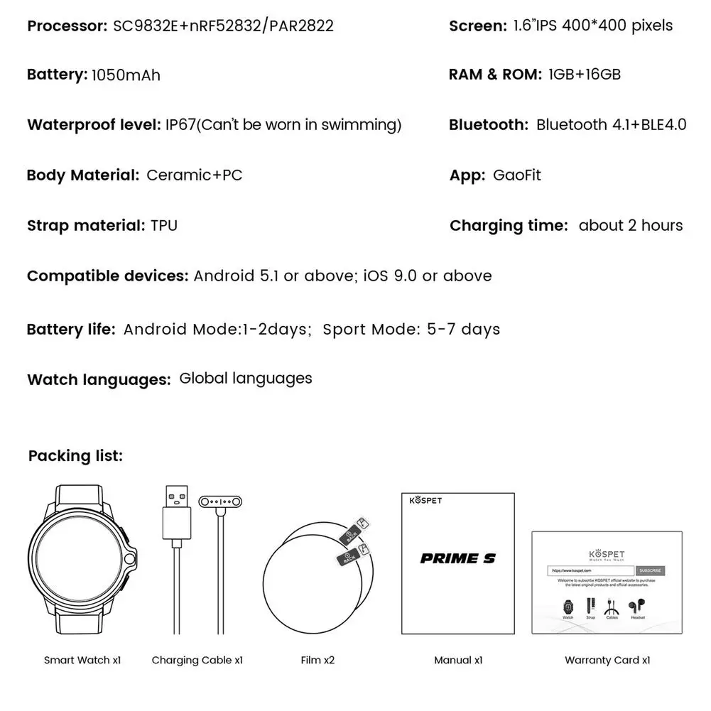 

Smartwatch KOSPET PRIME S 1GB 16GB Smart Watch Men Dual Mode Camera Bluetooth GPS 4G Android Smart Watch IP67 Waterproof 2021
