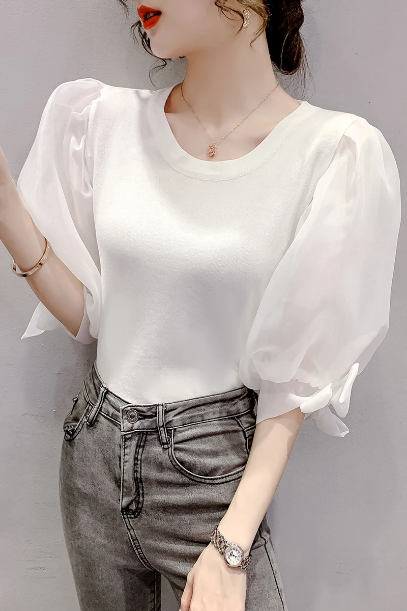 

COIGARSAM Fashion Short blouse women Summer Knitting Puff Sleeve blusas womens tops and blouses Black White 275