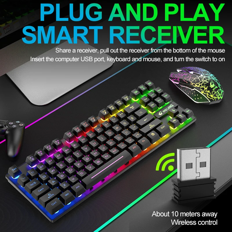 

Wireless Keyboard and Mouse Kit 87 Keys Mechanical Feeling Gaming Keyboard Rechargeable LED Backlit 2.4G Mouse 2400dpi PC