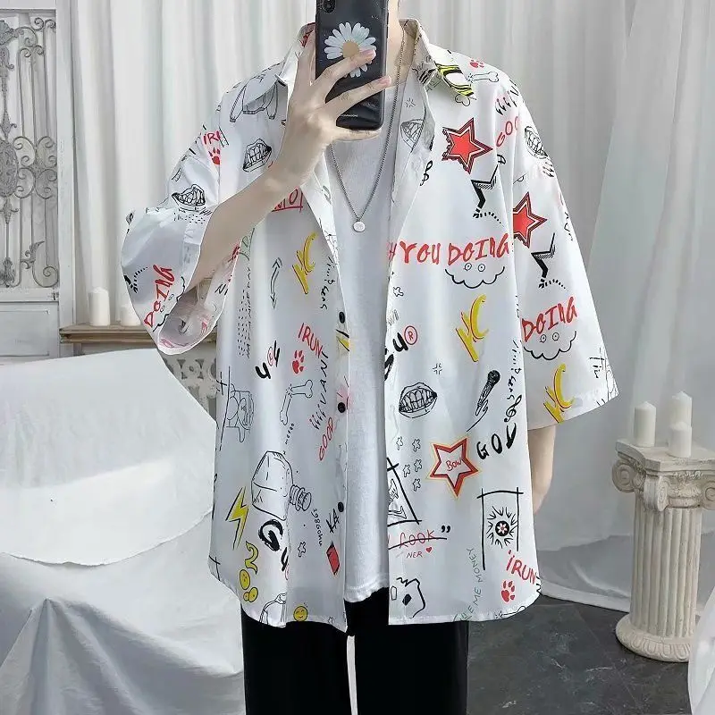 Men Shirts Summer graffiti Print Casual Loose Short-Sleeved Men's Shirt Top  Plus Size Harajuku Style Tops Beach Shirt