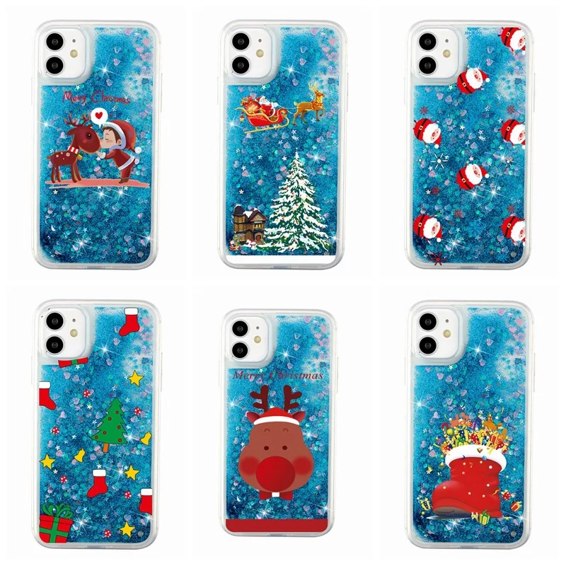 

Merry Christmas Deer Gift Phone Case for Iphone 11 Case 12Pro Max XR XS 8 7 6 Plus SE Santa Claus Liquid Quicksand Glitter Case