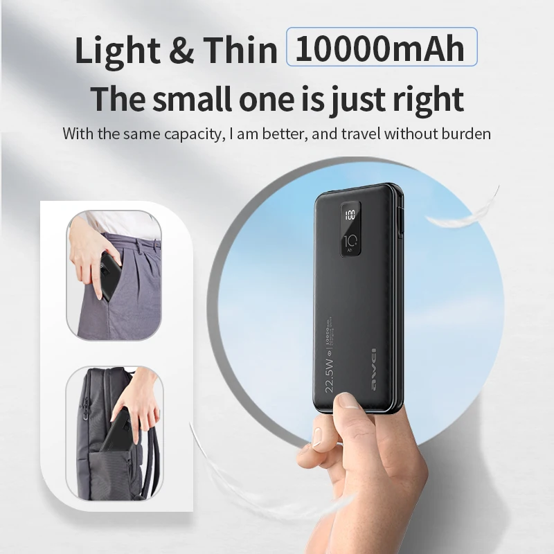 

Awei P9K Power Bank 10000mAh Portable Fast Charging Powerbank USB Type C PD Quick Charge 22.5W Poverbank External Battery Charge