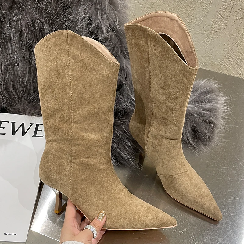 

Mid Calf Western Boots Fashion Women Thin Heels Pointed Toe Shoes Female Flock Slip On Shoes 2021 Autumn Winter Chelsea Boots