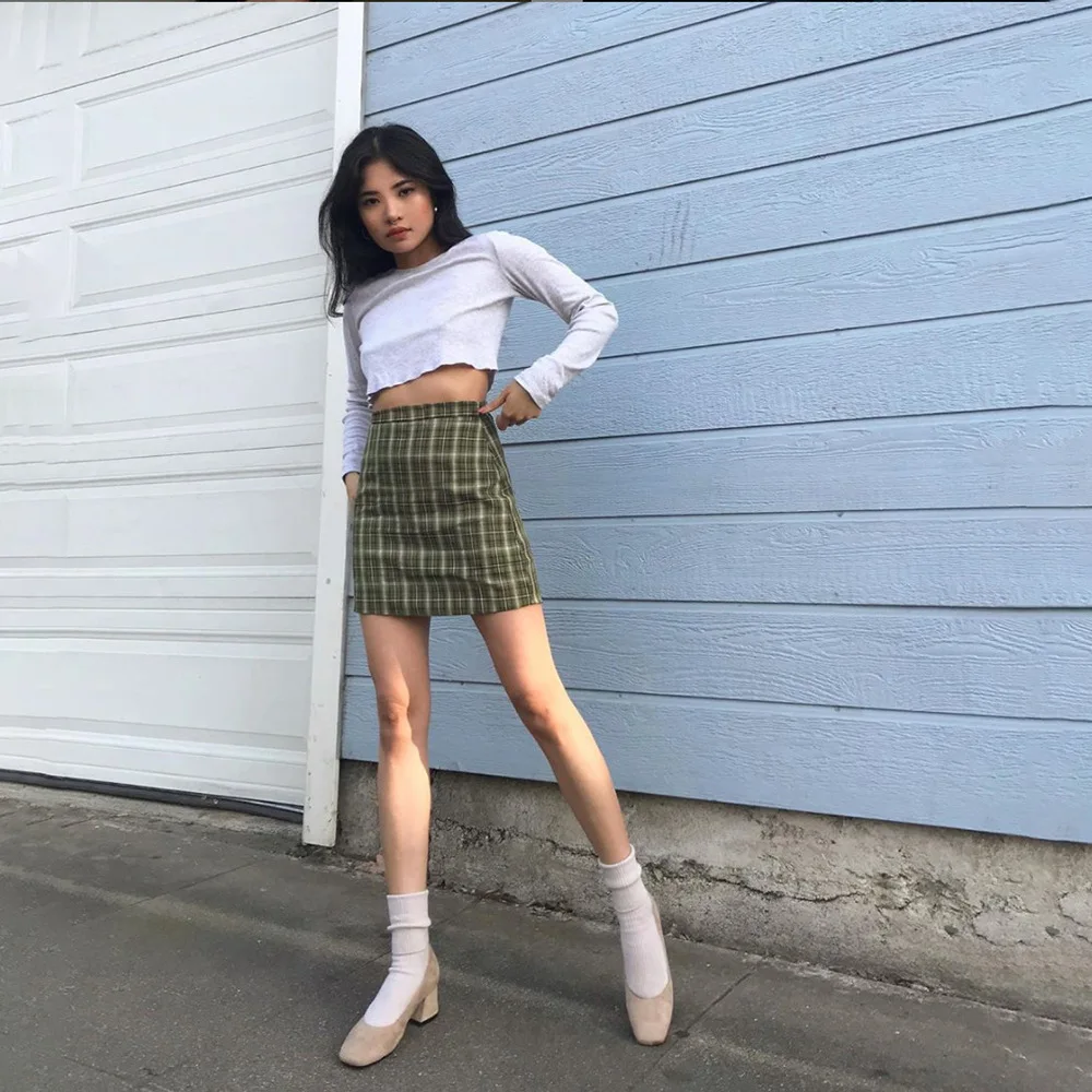 Новая мини-юбка летняя женская винтажная harajuku Корейская Классическая зеленая клетчатая мини-юбка с высокой талией