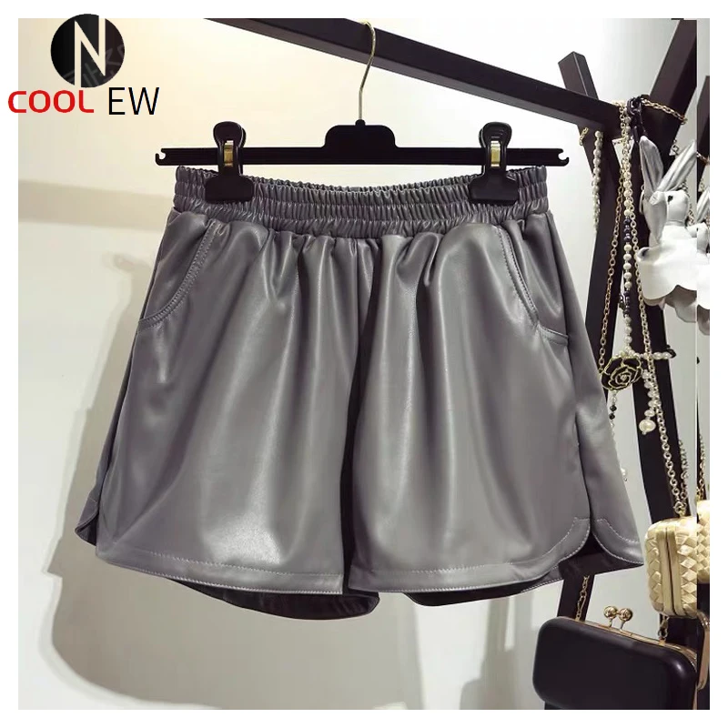 

Shorts women high waist elastic 2021 korean style Elegant genuine leather shorts Bottoms Wide-legged Shorts Autumn Winter Women