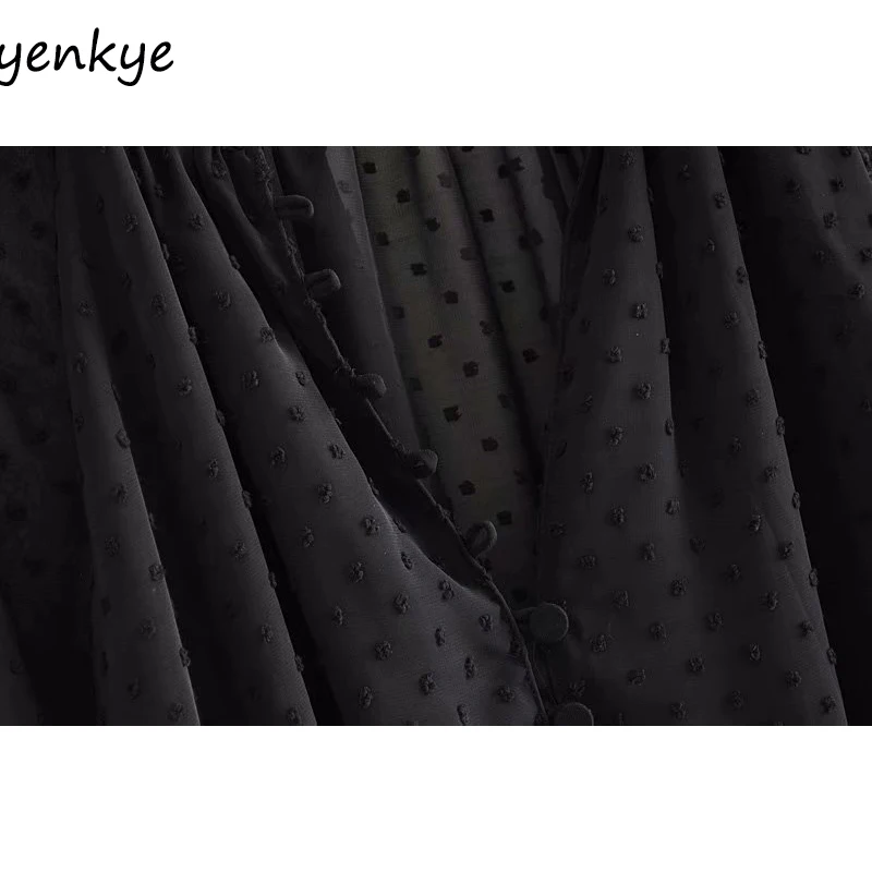 2019 Женская винтажная блузка в горошек Черная вуаль рубашка женская длинный рукав