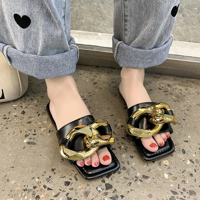 

Women Square Toe Slippers Flats Shoes 2021 Summer Casual Shoes Slides Outdoor Women Fashion Brand Big Chain Low Heels Slippers