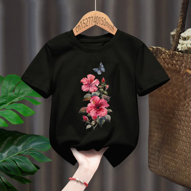Camisetas con estampado de mariposa y flores para chica, ropa informal para chica divertida, regalo para chico, Manga, color negro, Harajuku-3