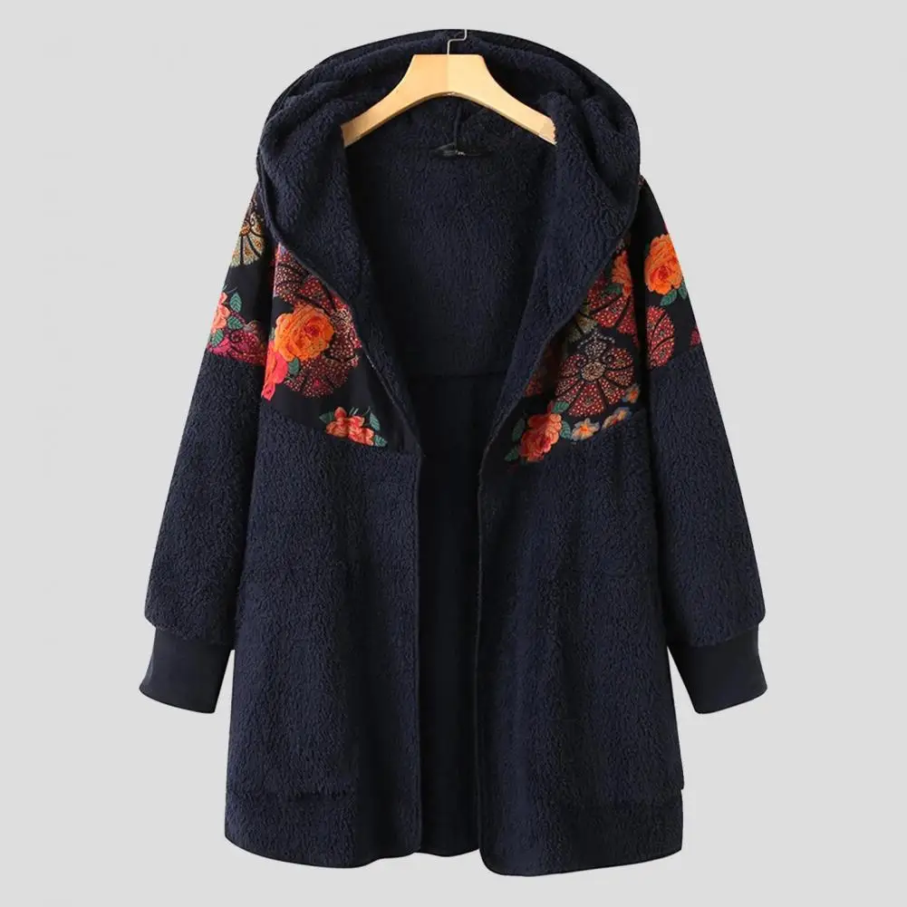 

Zipper Closure Long Sleeve Winter Coat Double Sided Velvet Lady Thickened Coat Ethnic Flower Print Hooded Fluffy Coat Outerwear