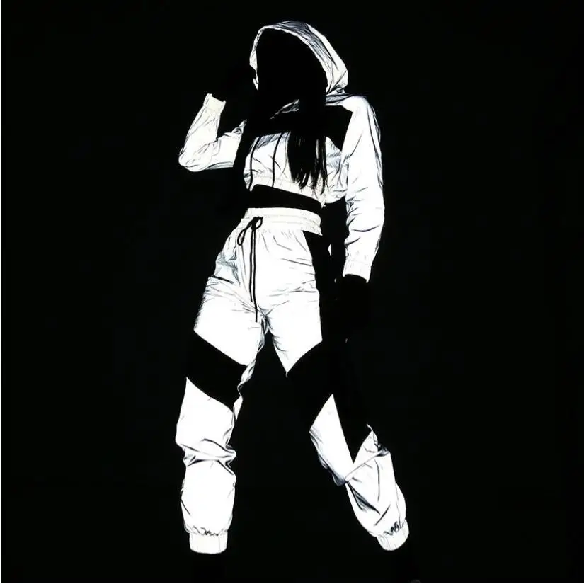 

Спортивный костюм женский из 2 предметов, Модный укороченный топ и штаны с отражающим эффектом, свободная толстовка с длинным рукавом, штаны...