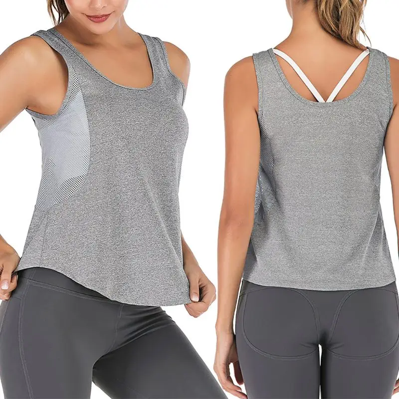 

Women Sleeveless Gym Sport Tank Top U-Neck Side Mesh Patchwork Loose Fitness Workout Vest Quick Dry Running Activewear