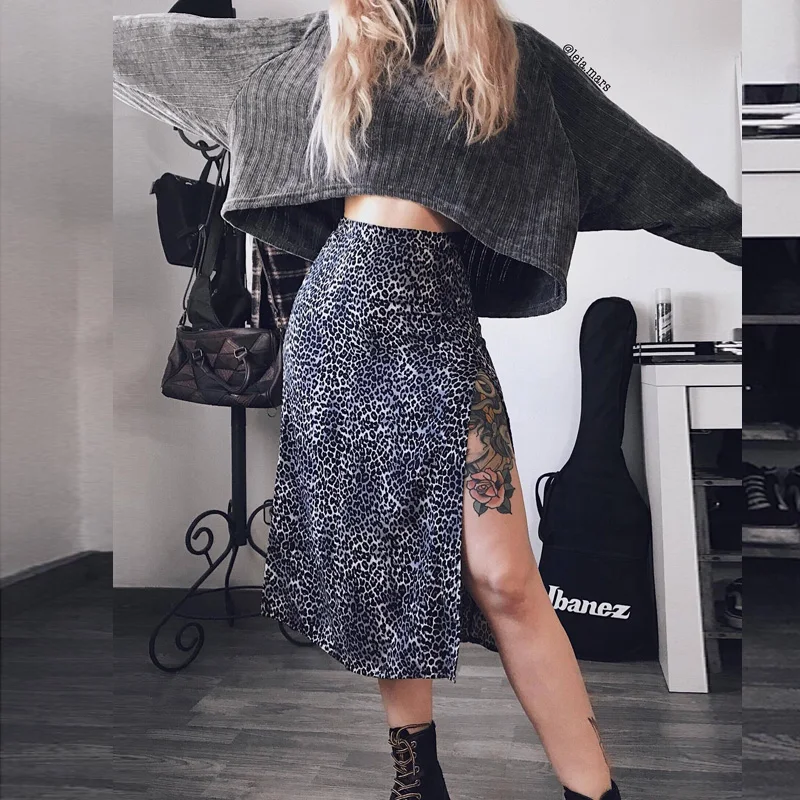 

Юбка стрейч, с леопардовым принтом, с завышенной талией, трапециевидная, лето, юбки средней длины с разрезом