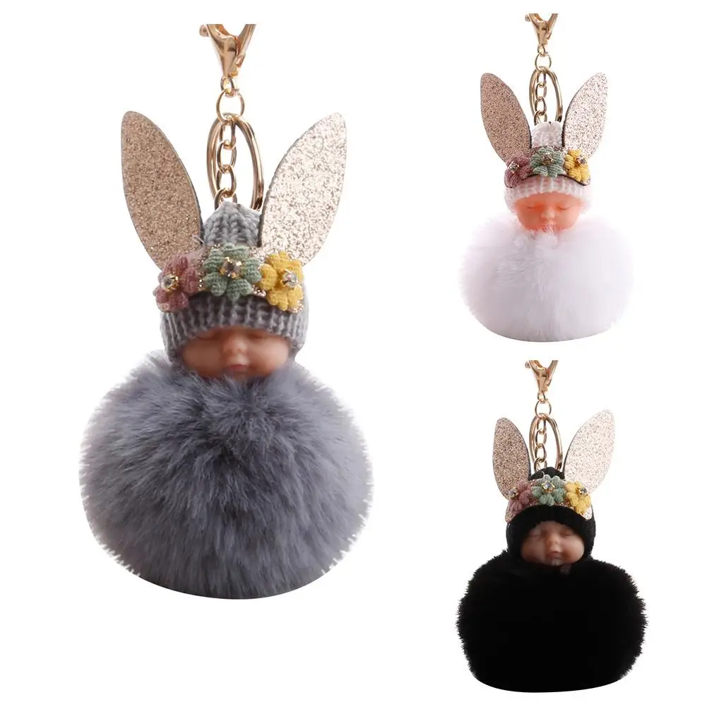 

Fluffy Rabbit Ear Sleeping Baby Doll Pompom Charm Key Ring Keychain Bag Ornament Key Ring Key Holder Trendy Jewelry Bag Ornament