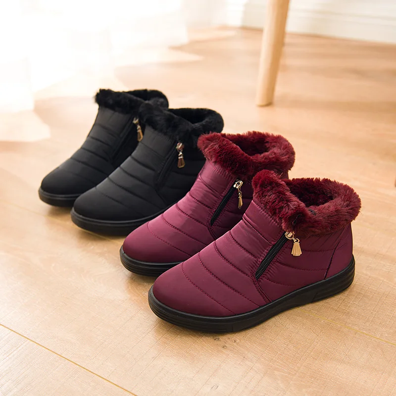 

Ankle Boots Women Winter Flock Snow Boots Non Slip Ladies Flats Zip Plush Warm Casual Shoes