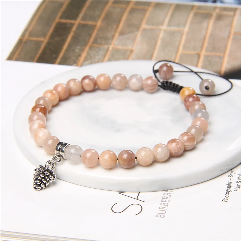 

Natural Sunstone Beads Bracelets Couples Jewelry Women Silver Color Pine Cones Charm Bangles Men Black Rope Adjustable Pulseras