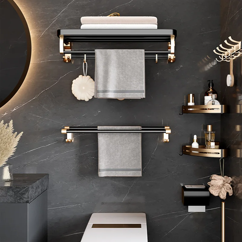 luxury bathroom hardware set space aluminum black gold towel shelf toilet paper holder bathroom supplies storage rack with hook free global shipping