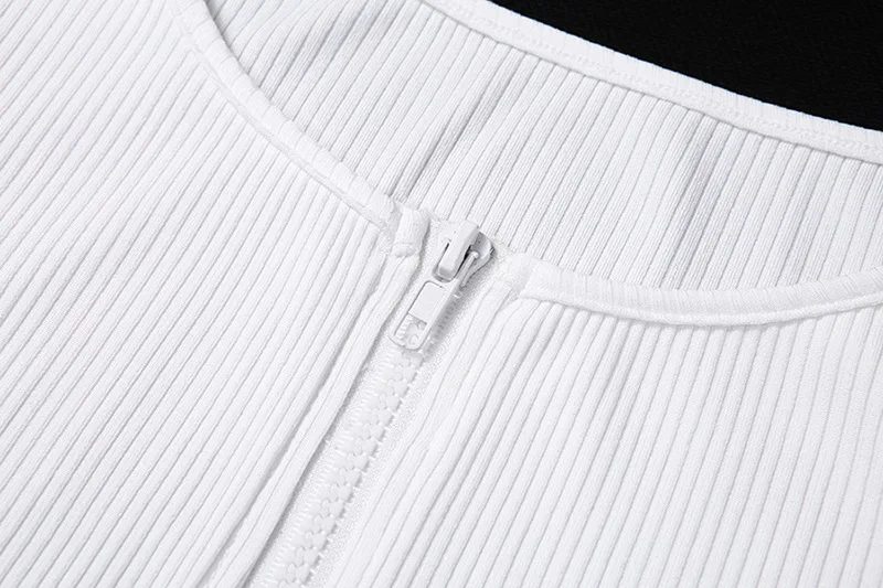 

Casual Knitted Cardigan Top Split Long Sleeve White Black Zipper Ribbing O Neck Camisa Femenina Crop Skinny Blusas Mujer Elegant