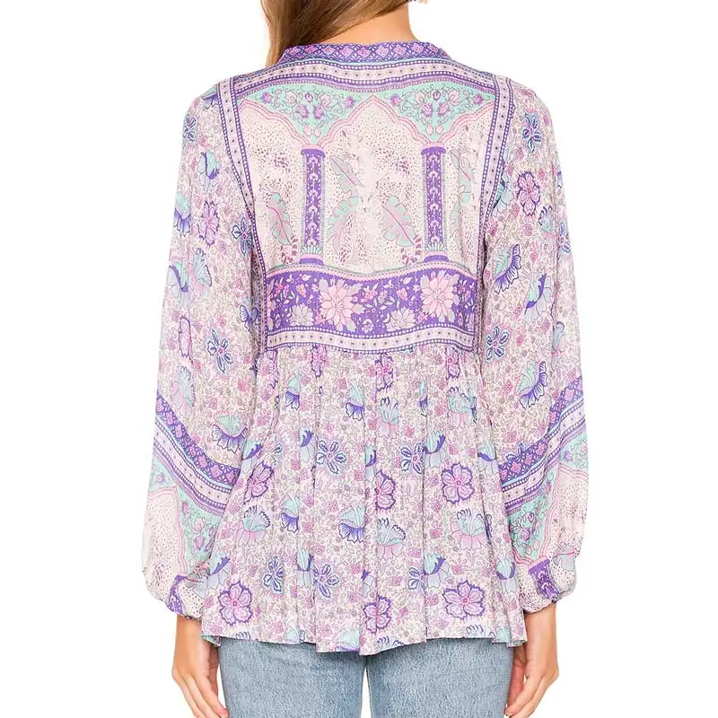 BOHO вдохновленная блуза Boho с цветочным принтом, с длинным рукавом и О-образным вырезом, богемные свободные женские топы, повседневные шикарные весенне-летние блузки