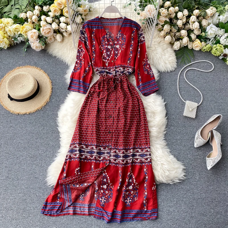 Женское летнее платье с V-образным вырезом и принтом в этническом стиле | Женская