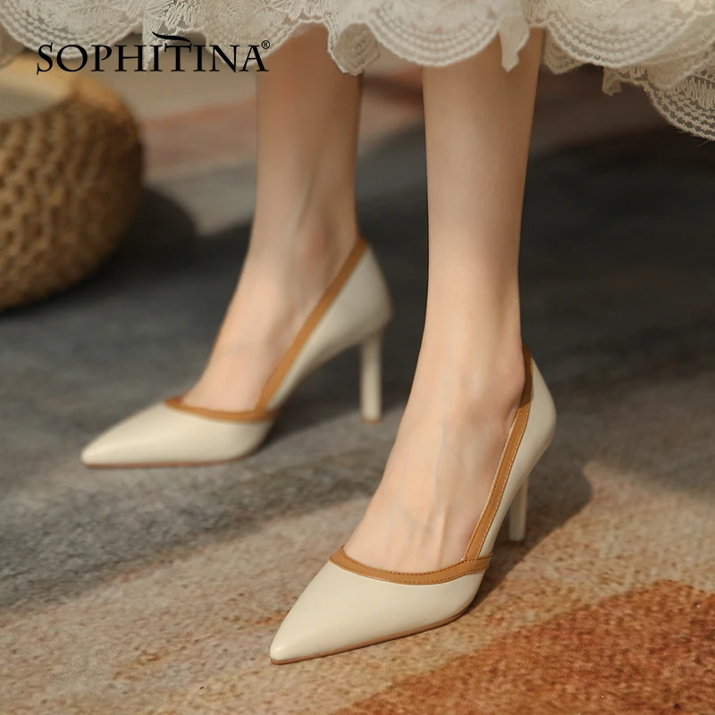 

SOPHITINA Sexy Women's Shoes Party Stiletto Pointed Toe Simple Ladies Shoes Handmade Color-blocking Leather Female Pumps AO460