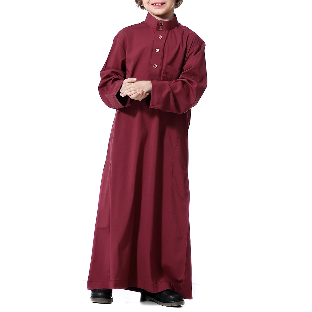 Kids Boys Jubba Thobe Muslim Long Robe Solid Stand Collar Long Sleeve Arab Kaftan Children Islamic Middle Eastern Dubai Clothing