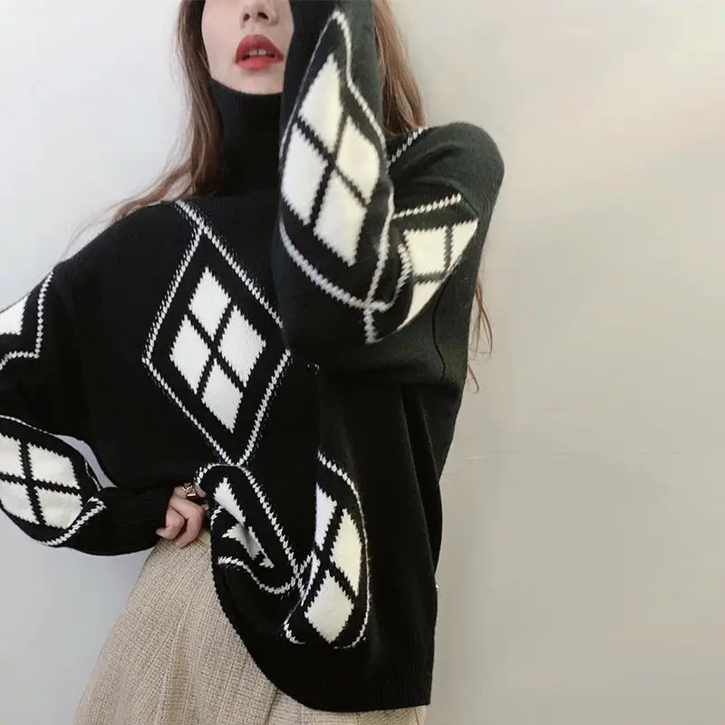 

2021 Autumn and Winter New Loose Slimming High Collar Jacquard Fashion Diamond Thick Sweater Women's Outer Wear