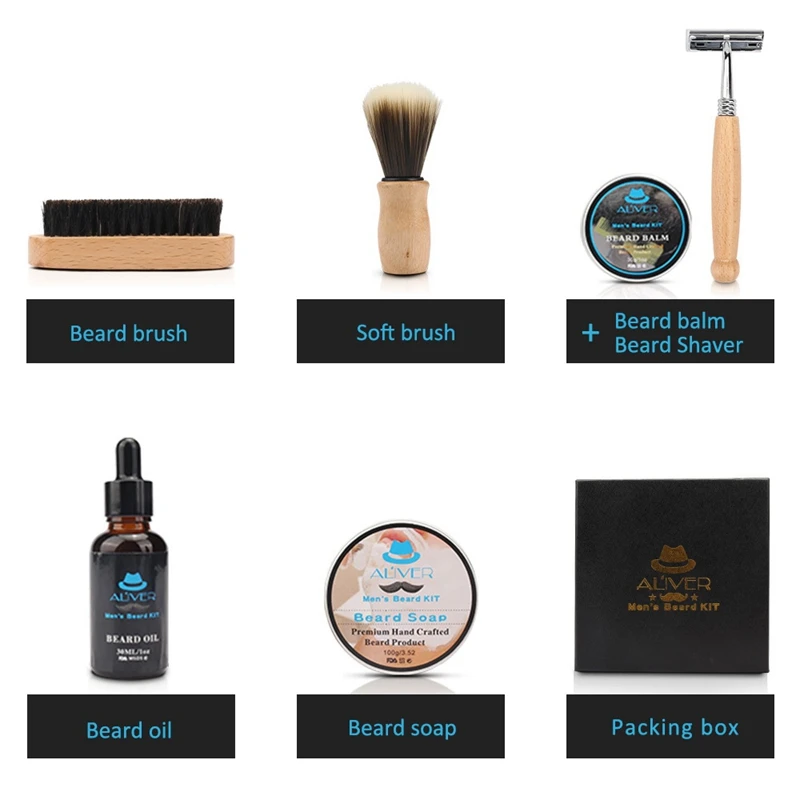

ALIVER 6Pcs Men Beard Kit Styling Tool Beard Essence Oil Comb Brush Moustache Balm Moisturizing Wax Beard Care Set with Rzaor