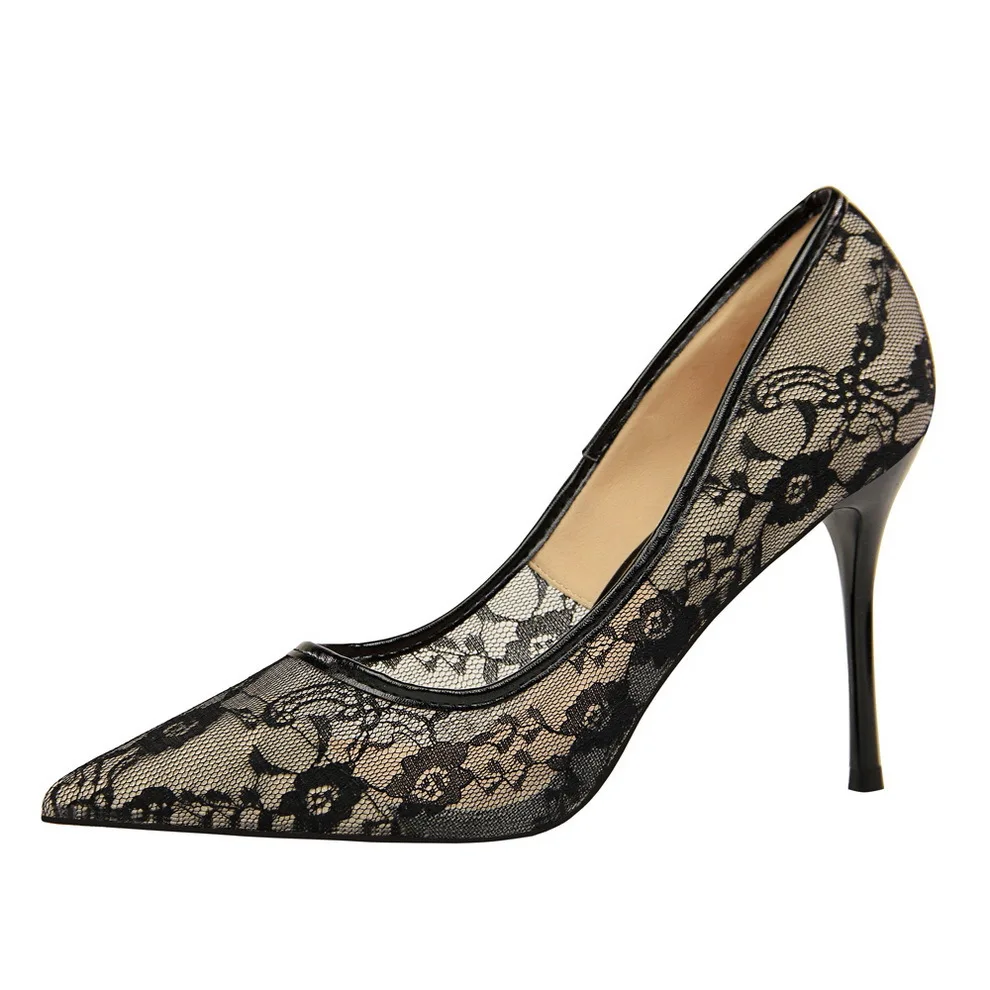 

Sexy Slim High-heeled Shoes Women's Shoes with Thin Heels, High Heels, Shallow Mouth, Pointed Mesh and Hollow Lace Shoes