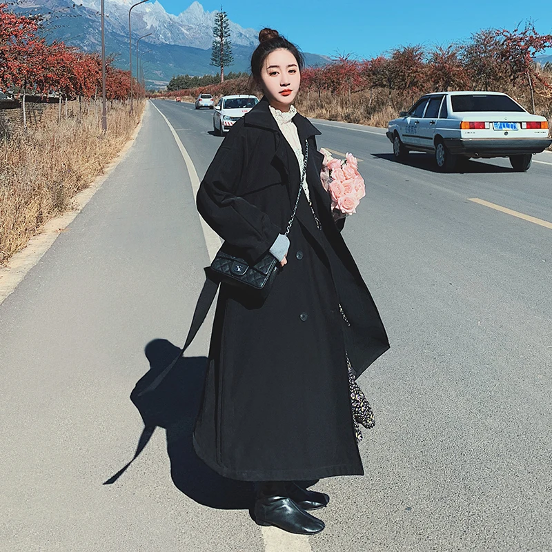 

2020 Spring Trench Long Coat For Women Jackets Fashion Undefined Black Poncho Korean Clothes Femme Robe Outerwear Moda Mujer