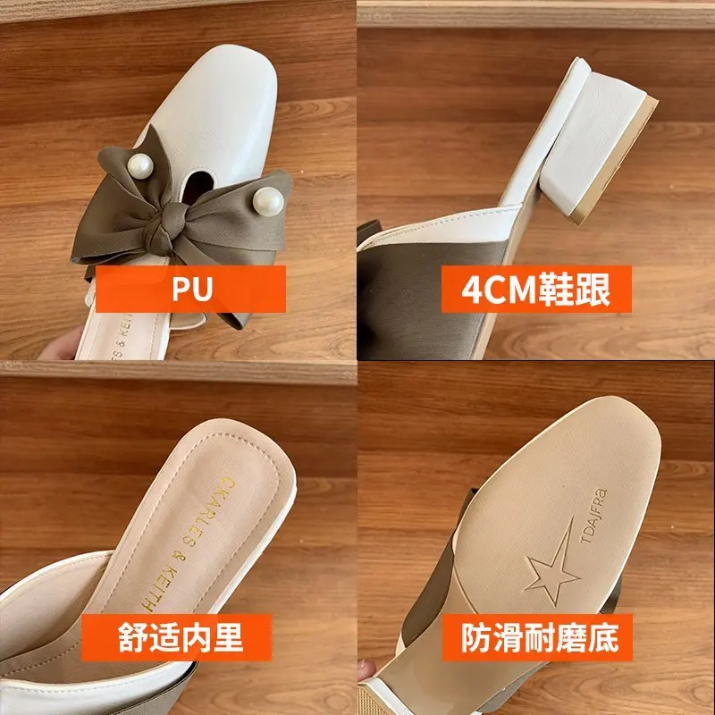 

Shoes Slippers Casual Cover Toe Slides Butterfly-Knot Low Square heel Slipers Women Luxury Flat Soft Block 2021 Basic Butterfly-