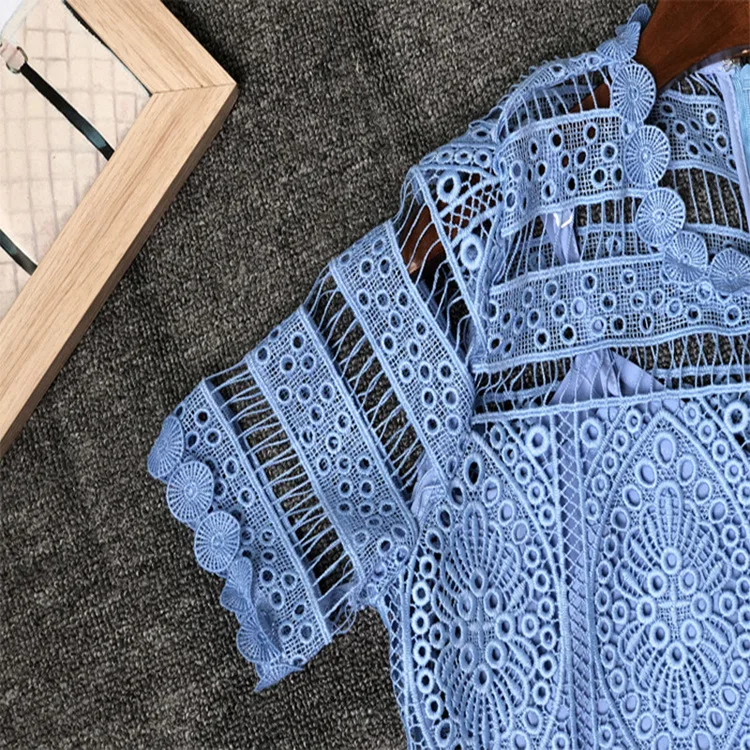 

2020 Women's Lace Party Dress Knitted Elegant Round Neck Vintage Hollow out Puff Sleeve Round Neck Dress vestido de mujer
