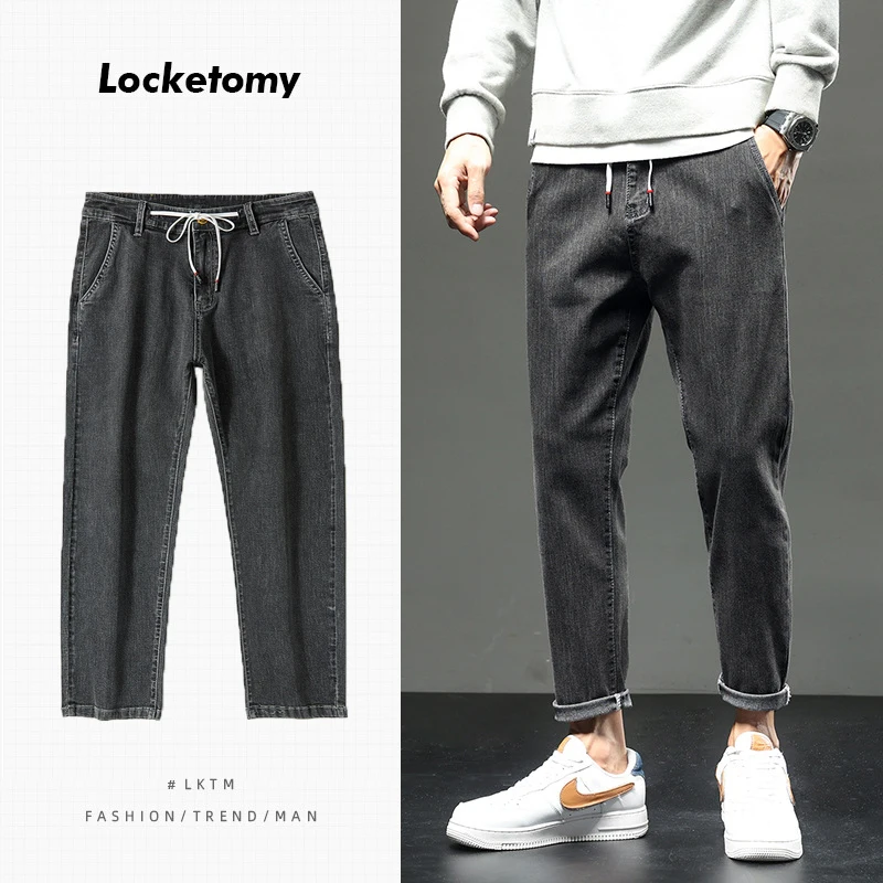 

Men's Jeans Autumn/winter New Style Korean Trend Slim Stretch Black and Gray Washed Straight Cropped Trousers Мужские джинсы