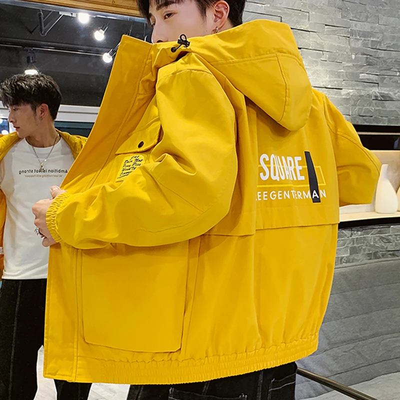 

Men's Jackets Spring Autumn Trendy Hooded Jackets Hip Hop Streetwear Male Casual Coats Yellow Outerwear Windbreaker Youth Tops