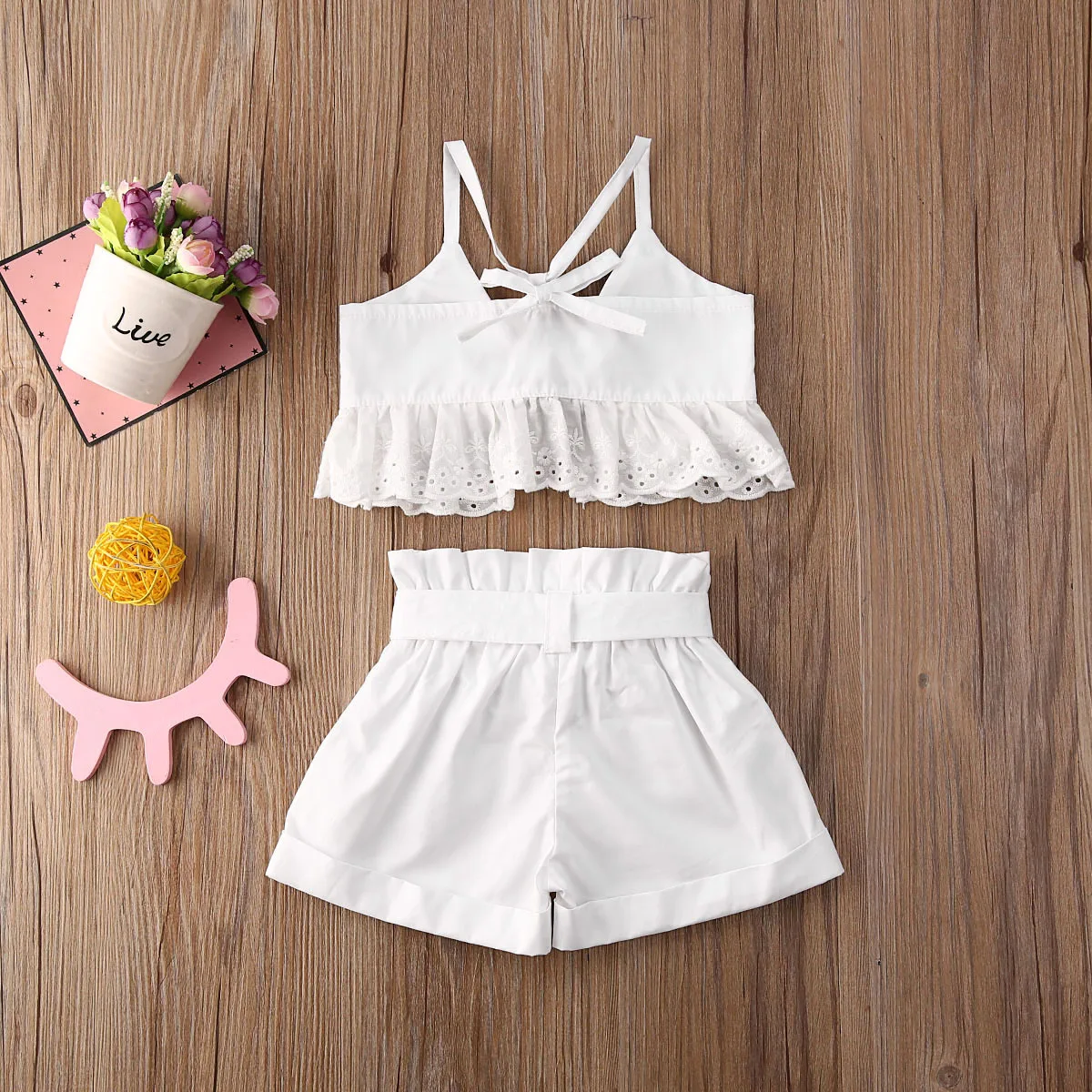 

Summer Infant Kids Girls Clothes Sets Ruffles Lace Solid Sleeveless Bow Belt Vest Tops Shorts 2pcs