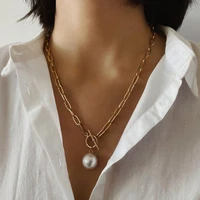 punk thick chain imitation pearl pendant necklace for women fashion new bead lariat necklaces gold color choker necklace jewelry