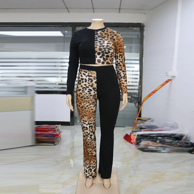 Plus Size 5xl Women Two Piece Set Top And Pants Tracksuit Sweatsuit Outfits Vintage Leopard Patchwork Casual Sets Autumn Winter