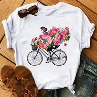 funny cartoon bicycle and sunflower female t shirt summer harajuku graphic t shirt white short sleeve female tee