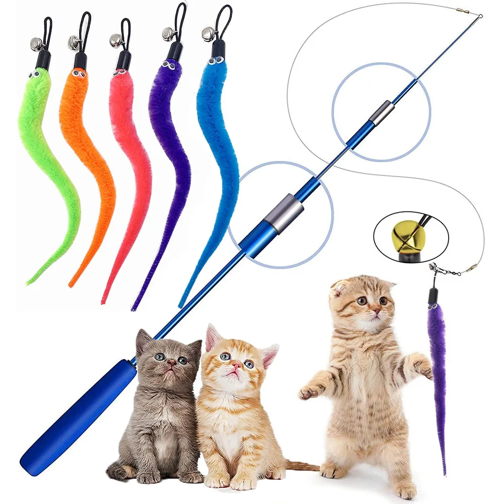 

5/10 Pcs Colorful Cat Teaser Wand Rod Chase Toys Replacement Refill Plush Worms Pet Cat Interactive Training Playing Stick Toy