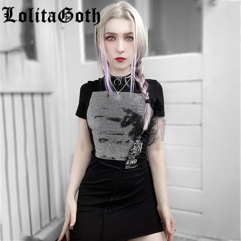 

Lolita Goth Punk Irregular Black Mini Dresses Women Gothic Print Patchwork Bodycon Female Dress Casual Slim Vintage Dress