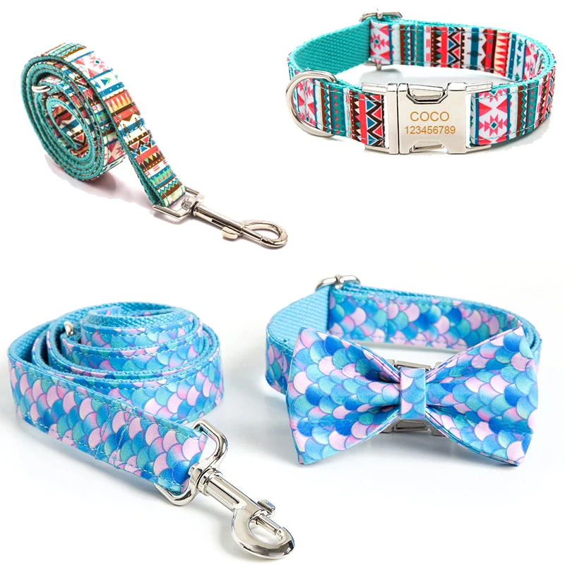 

Dog Collar Personalized Engraved Adjustable Custom Dog Collars Small Medium Large Dogs Collar Leash Lead Detachable bow tie Set