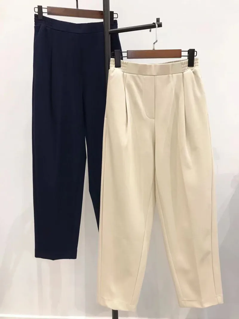Women Simple 2 Colors Cropped Trousers 2021 Autumn Elastic Waist Straight Casual Ladies Ankle-Length Pants