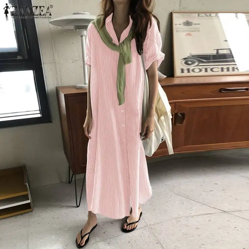 

ZANZEA Femme Summer Dress Ladies Short Sleeve Turn-Down-Collar Sundress Long Midi Vestidos Pocket Robe Women Officewear Dresses
