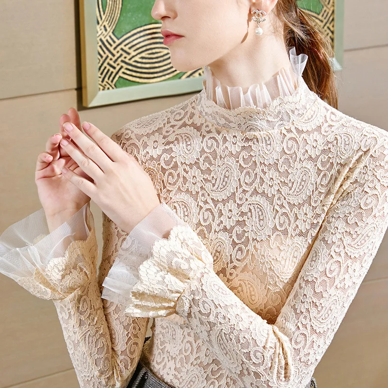 Женские сексуальные кружевные блузки офисные топы с круглым вырезом элегантная