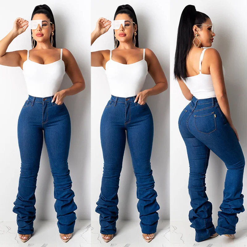 

Denim Flare Pants Autumn Fashion Solid Color Slim-Fit Buttoned Jeans Women's Casual Camouflage High Waist Pocket Jeans