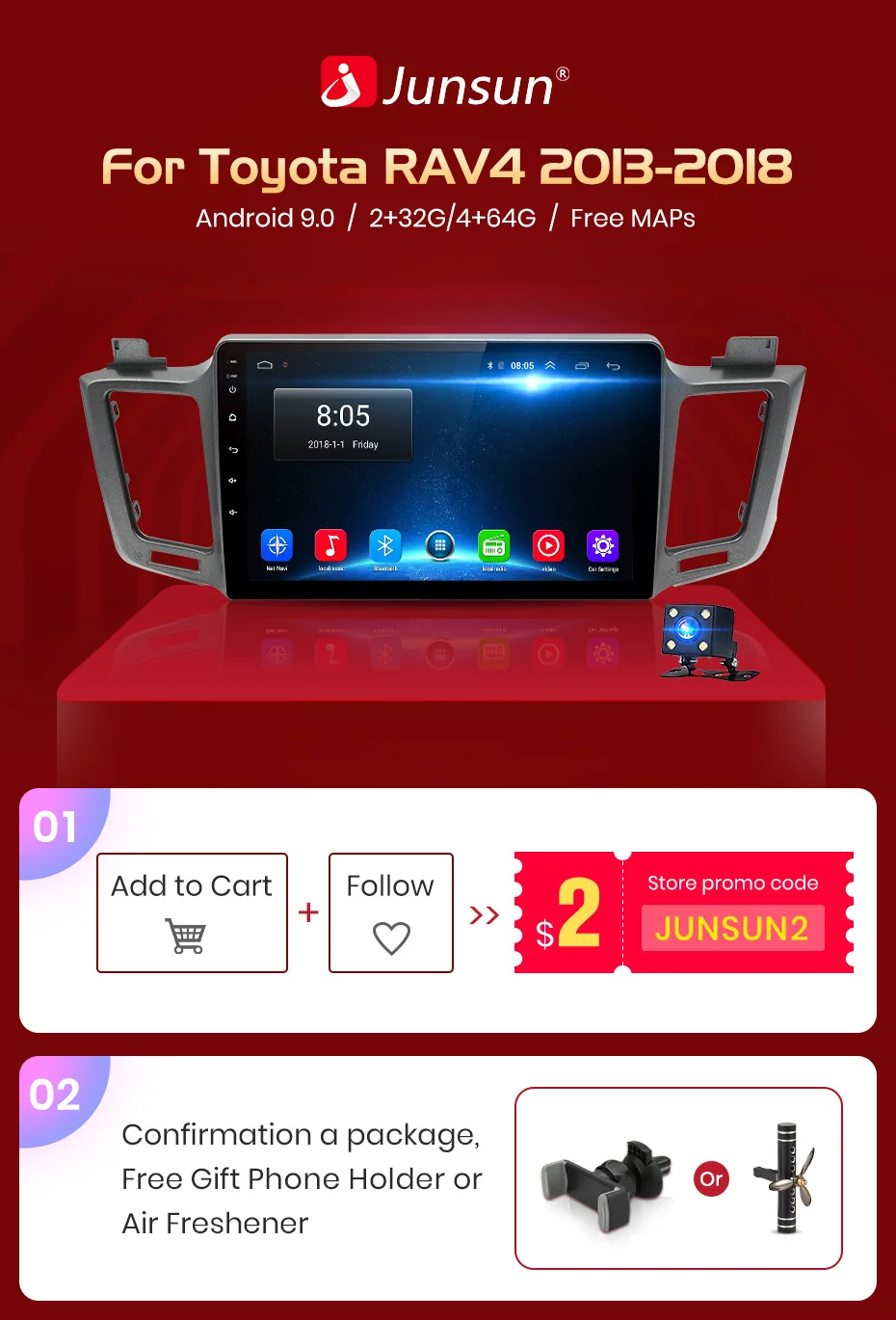 Junsun Штатное Головное устройство Toyota RAV4 2012 2013- GPS Android 8.1 aвтомагнитола магнитола 2 din автомагнитолы Андроид для Тойота рав4 рав 4 штатная магнитола автомобильная мультимедиа 2 дин навигатором