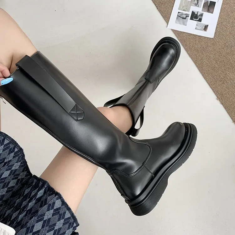 

NEW Genuine Leather Mid Calf Boots Shoes Round Toe Thick Bottom Shoes Slip on Mixed Color Female Footwear Size 34-43