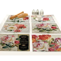 plant flower red peony printed drink coasters cup mat cotton and linen cloth placemat for dining table bowl kitchen accessories