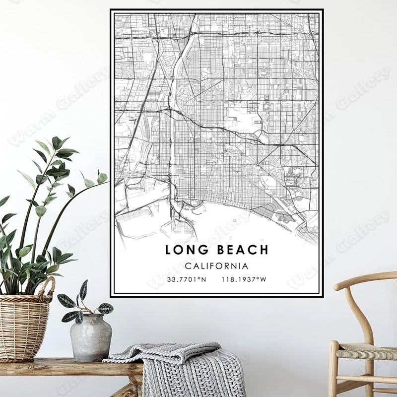Черно-белая карта города Длинная пляжная Карта плакат HD печать настенное